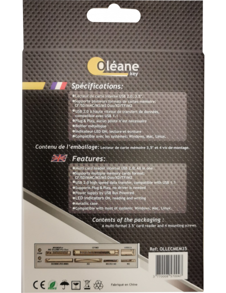 Lecteur de carte mémoire interne 3.5" USB2.0  Oléane key
