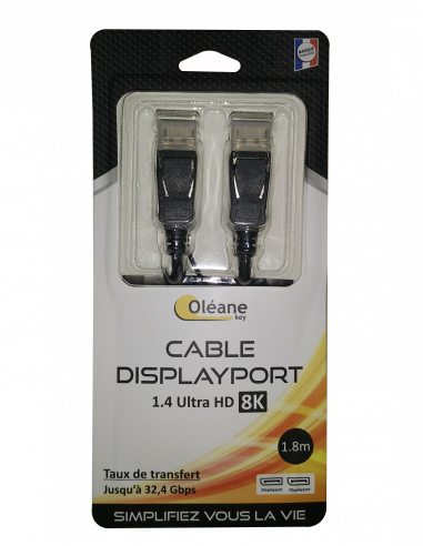 Câble DisplayPort 1.4 Ultra HD 8K mâle/mâle 1,80m Oléane key