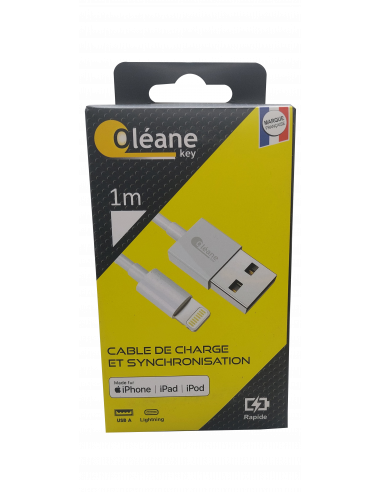Câble de CHARGE et SYNCHRONISATION  Lightning/ USB certifié MFI Apple 1m Oléane key