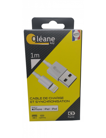 Câble de CHARGE et SYNCHRONISATION  Lightning/ USB certifié MFI Apple 1m Oléane key